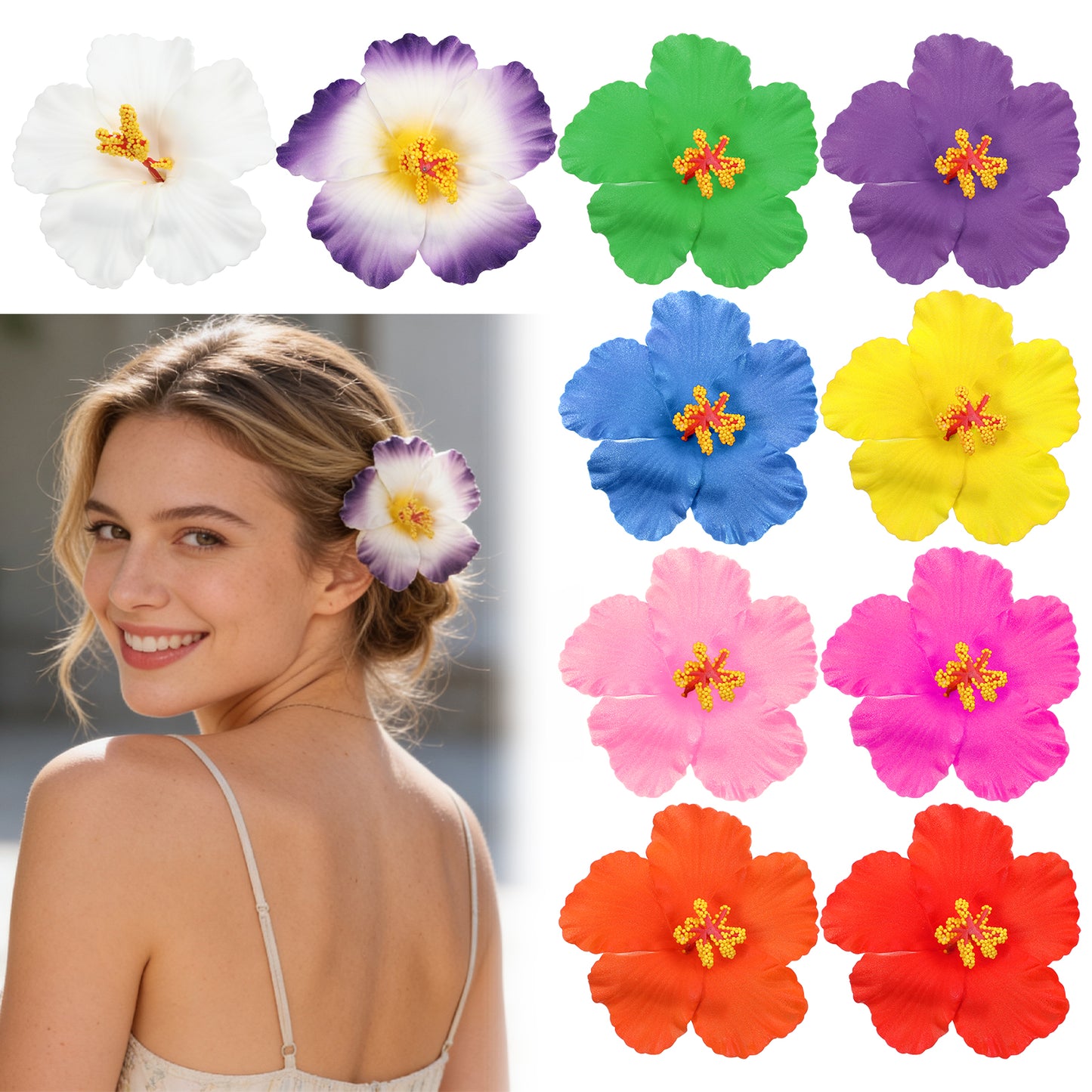 Thinp 10 Pcs Hawaiian Flower Hair Clips, 3.74" Tropical Flower Clip for Hairs Artificial Hibiscus Hair Clip Cute Beach Hairs Accessories for Women Summer Vacation Beach Party (Colorful)