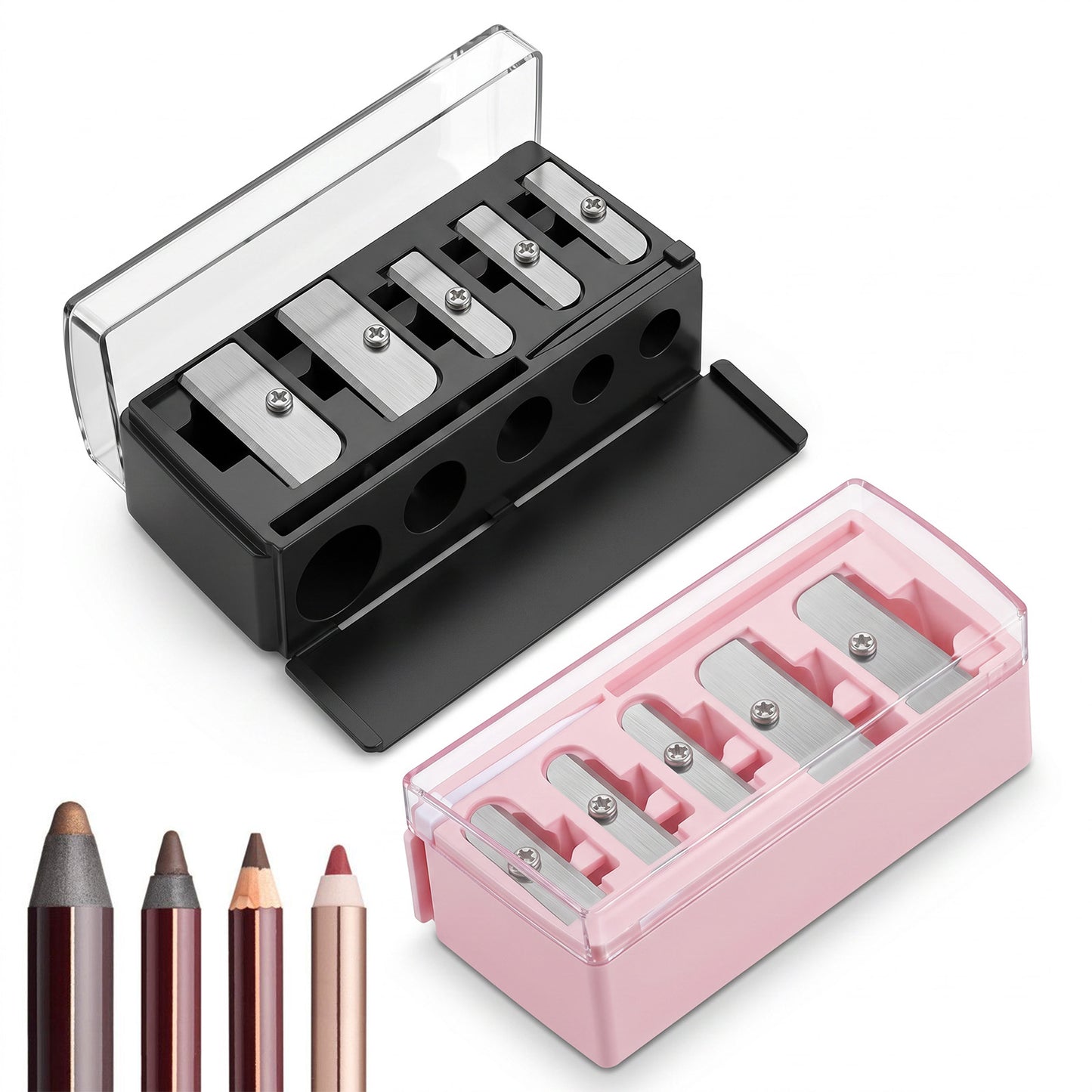 2 Pcs 5 Hole Long Point Manual Makeup Pencil Sharpener with Plastic Lid, Suitable for Eyeliner, Lip Liner and Eyebrow Pencil, Sharpener for Makeup Pencils (Black+Pink)