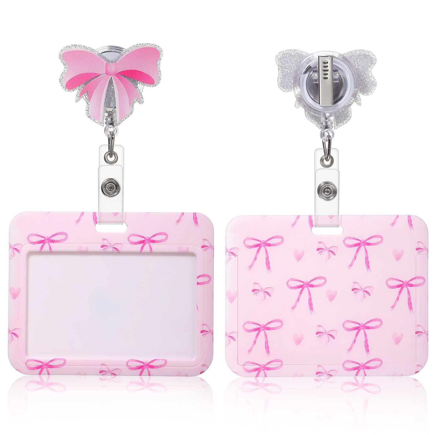 2 Set Horizontal Badge Holder with Pink Bow Badge Reel Retractable ID Badges Holders with Clip Cute Pink Bow Name Badges Holders for Worker Doctor Nurse Teacher Office Accessories