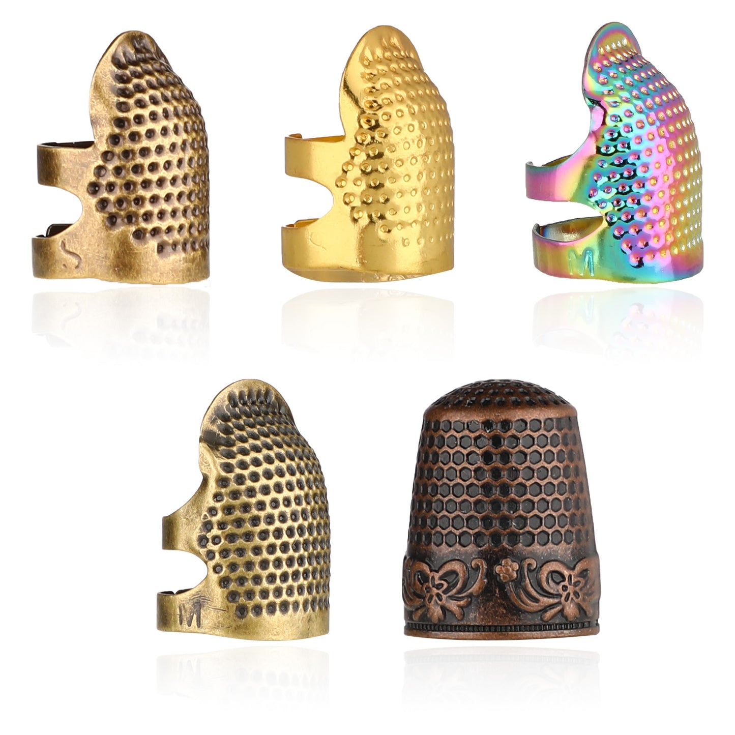 ZEYIYER 5 PCS Sewing Thimbles, Metal Dazzle Color Adjustable Metal Sewing Thimble Rings Sewing Finger Protector, Accessories DIY Sewing Tools Needlework