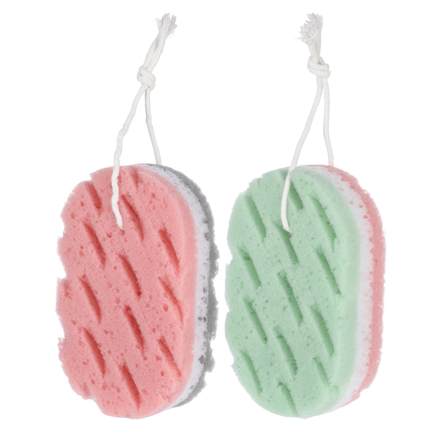 2 Pcs 3-Layer Bath Sponge Set, Large PU Foam Shower Sponge Loofah Body Scrubber, Soft Exfoliating Shower Pouf with Hanging Straps for Women Men Rich Lather