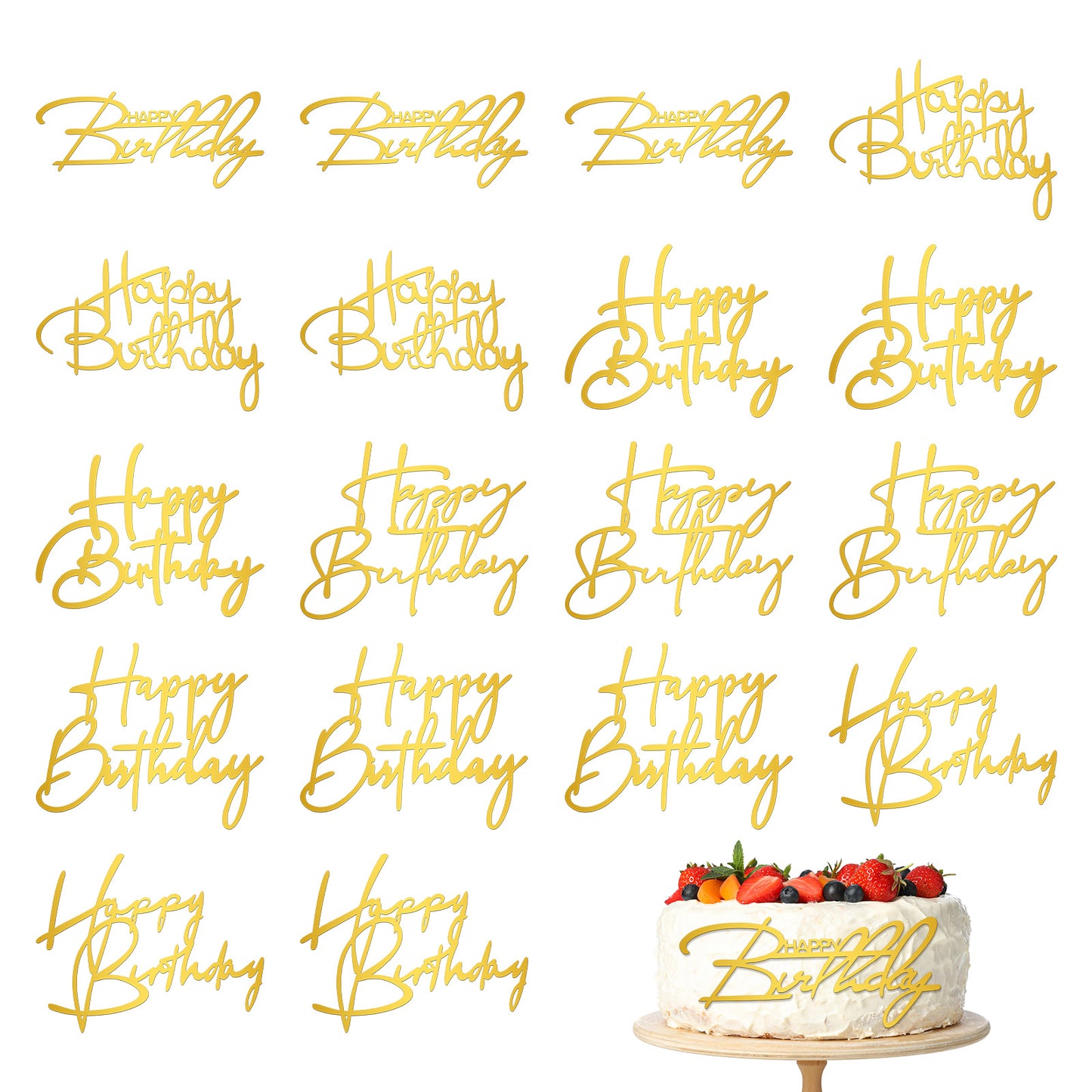 18 Pcs Gold Happy Birthday Cake Toppers Mirror Acrylic Cupcake Toppers Happy Birthday Cake Decorations HappyBirthday Sign for Cakes Side Cupcake Decorations(6 Styles)