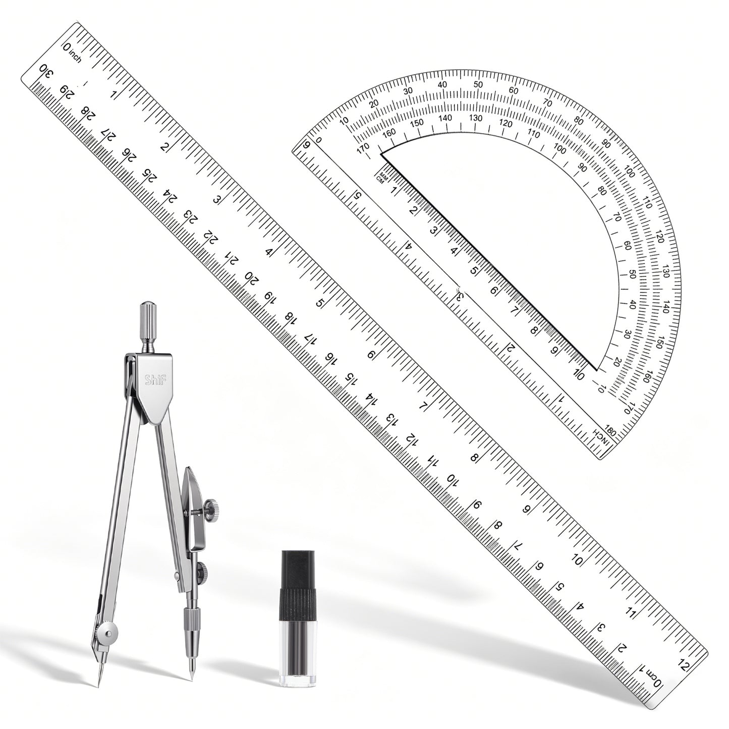 3Pcs Clear Protractor and Compass Set, Plastic Ruler, 12" Plastic Ruler with 180 Degree Protractor and Stainless Steel Compass Geometry Tool for Students, Office Use