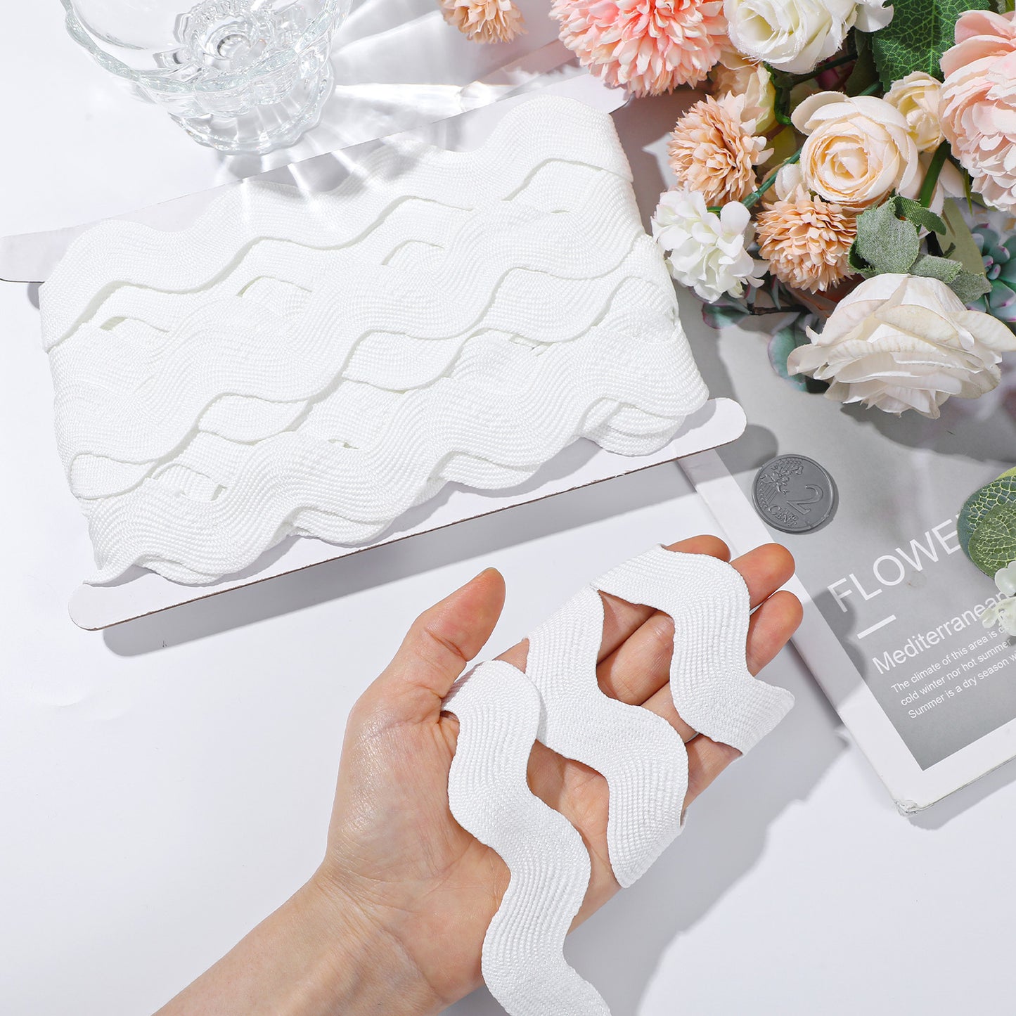 10 Yards White Rick Rack Trim for Sewing, 1 Inch Wide Rick Rack Ribbon, Wave Bending Fringe Trim, Elegant Sewing Trims for DIY Crafts and Wedding Decorations