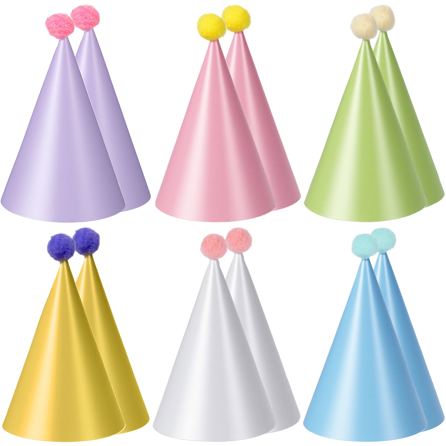 Aeaocvo 12 PCS Birthday Party Hats, Colorful Cone Hat, Pastel Hats with Pom Poms Paper Hat for Adults Kids(6 Colors B x 2)