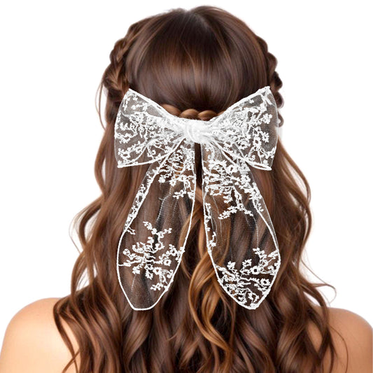 1 PCS Lace White Hair Bow, White Bow for Hair Clips, Lace Tulle Hair Bows with Long Tail, Cute Lace Hair Bow Hair Bowknot for Women and Girls