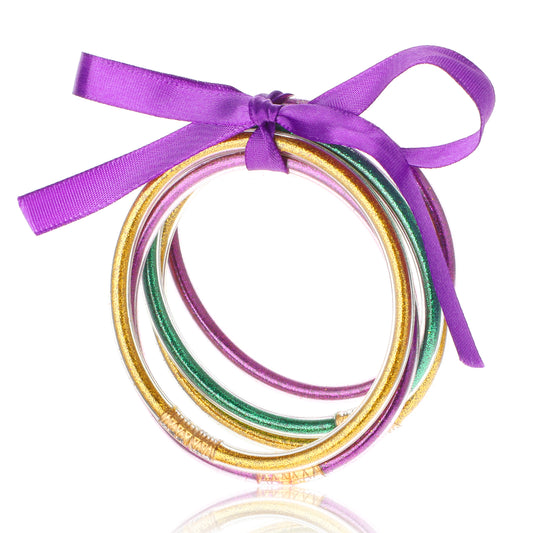 Thinp Glitter Jelly Bracelets,Mardi Gras Bracelets Glitter Filled Jelly Silicone Bracelets Jelly Bangles Layered Bow Jelly Bangles Bracelets Women Soft Glitter Silicone Bracelet for Women Girl