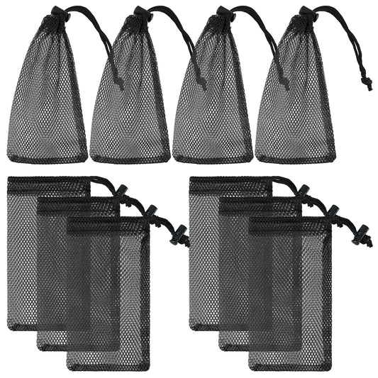 10 PCS Small Mesh Bags Drawstring Storage Bag Mesh Toiletry Bag, Black Mini Nylon Net Bags with Cord Clips Lock for Washing Traveling Beach Toys Seashell