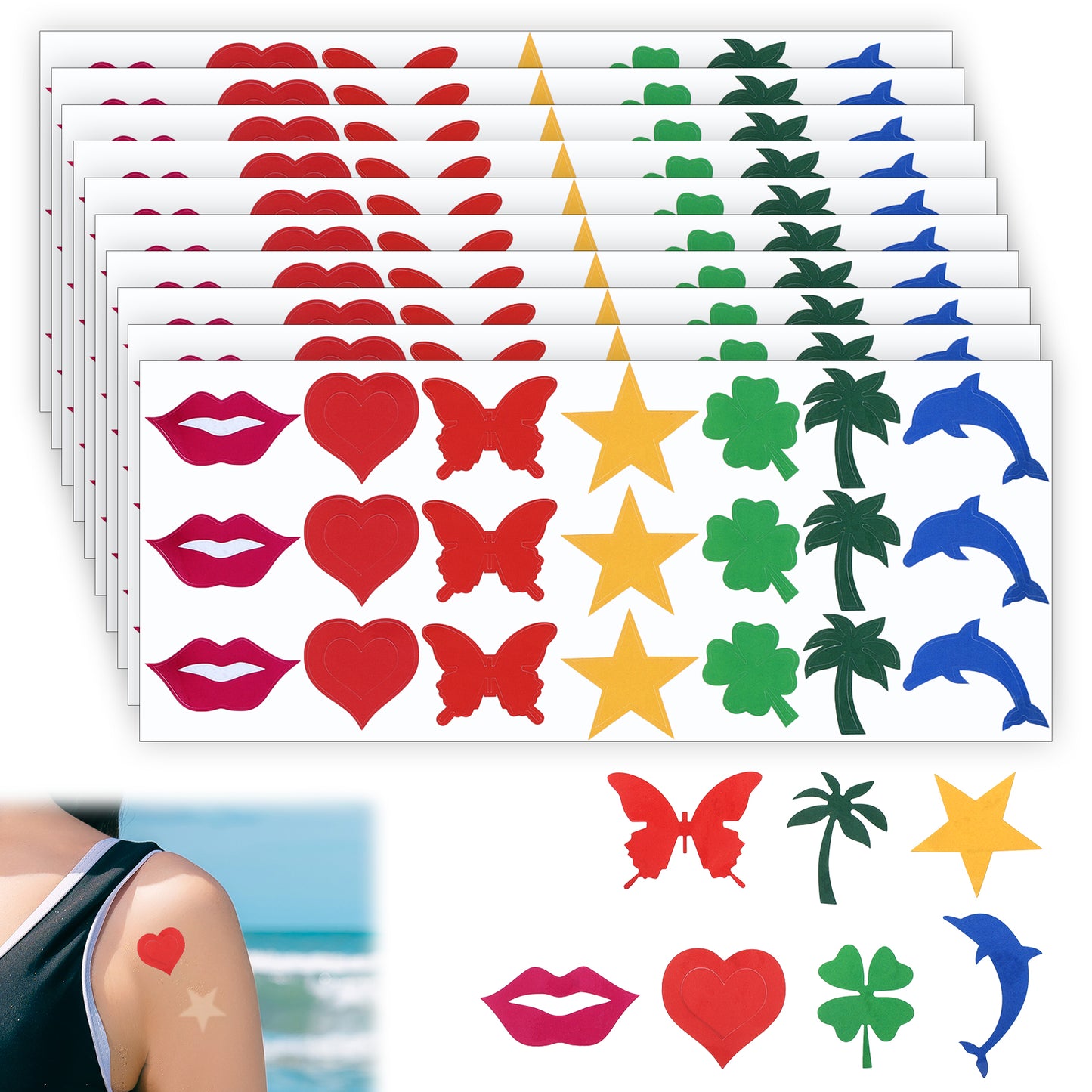 PEOVLVN 210Pcs Tanning Stickers for Body, Colorful Self Adhesive Tanning Bed Stickers Heart Star Lips Butterfly Dolphin Tan Sticker for Woman Summer Beach Face Body Accessories (7 Styles)