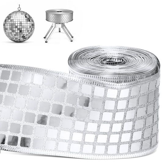 10 Yards Silver Ribbon, Disco Silver Glitter Ribbon Sparkly Metallic Square Sequin Sewing Trim for Gift Wrapping DIY Crafts Wreath Party Christmas Tree Decor