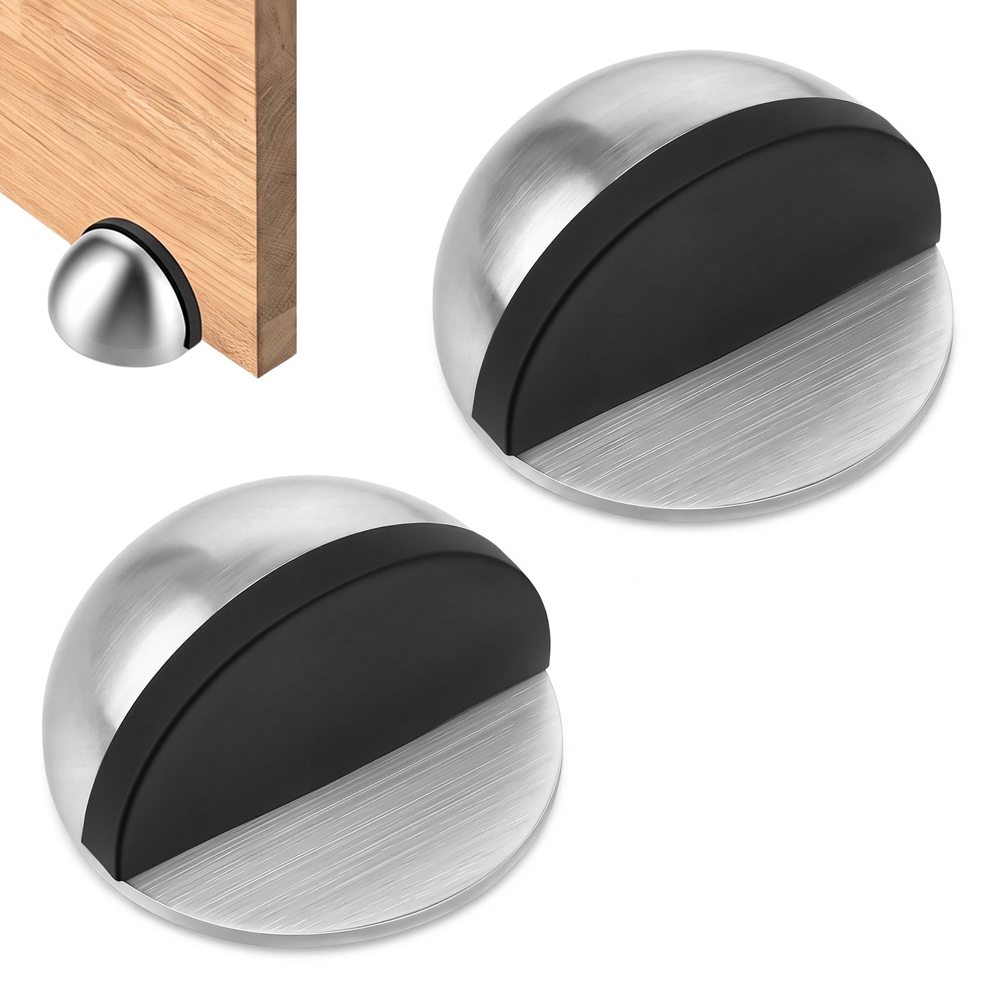 2 Pcs Self Adhesive Door Stoppers, Stainless Steel No Drill Floor Mounted Door Stoppers, Half Dome Rubber Floor Doors Stop Wall Protector for Bedroom Living Room Bathroom Office