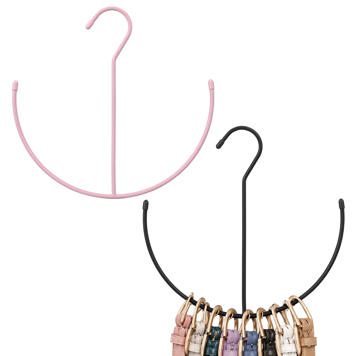 Grevosea 2 Pack Belt Hangers, Space Saving Belt Holder Belt Hooks for Closet Organizer Metal Tie Hanger with Safety Hook Holds Belt Ties Scarves Bags Hat & Accessories (Black, Pink)