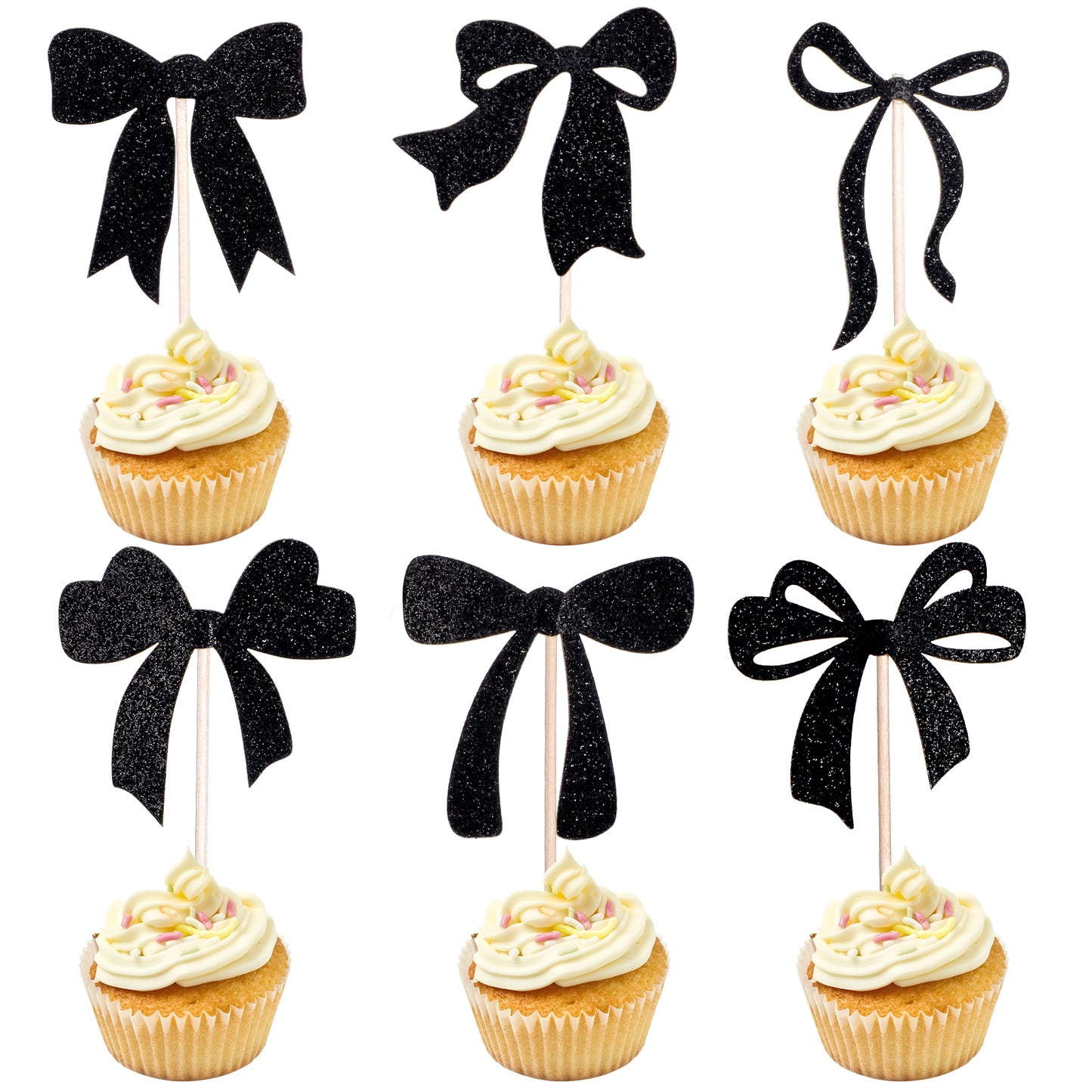 24 Pcs Black Bow Cupcake Toppers, Bowknot Theme Cake Pick, Bowknot Birthday Party Decorations for Wedding Bridal Engagement Baby Shower Birthday Party Supplies
