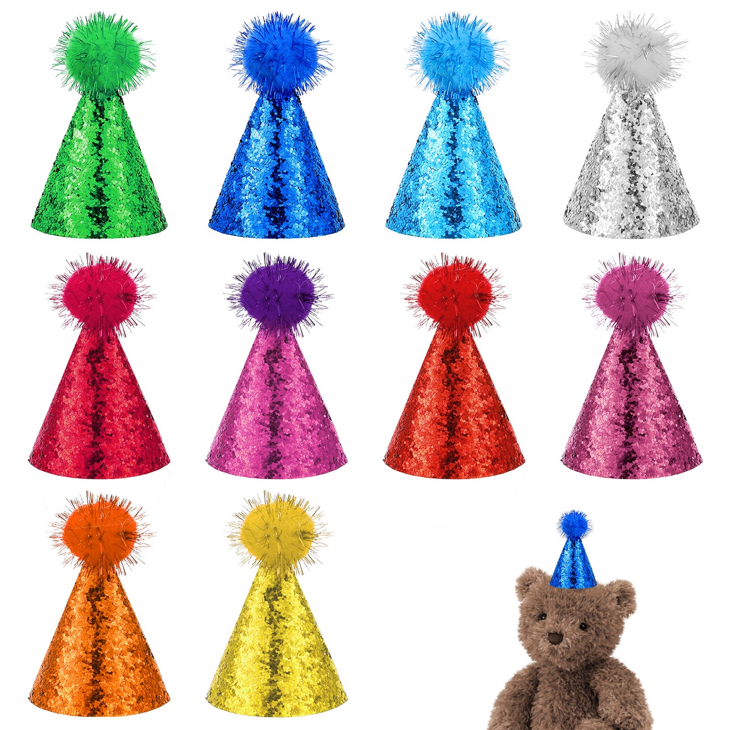 10Pcs Mini Party Hats for Stuffed Animals, Reusable Small Party Hats with Pom Poms, Glitter Cone Dog Birthday Hat for DIY Decorations, Mini Small Dog Hat Cat Birthday Party Hat for Puppies Costume A