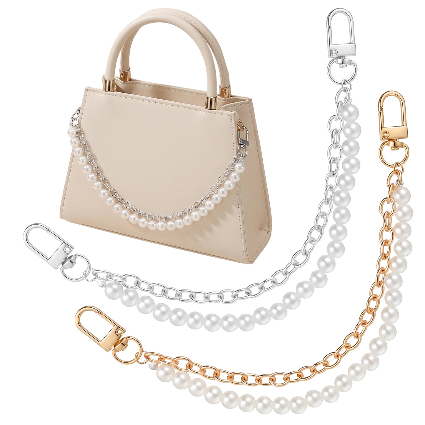 Dplolng 2 Pcs Pearl Bag Chain,Pearl Purse Chain Handbag Straps Pearls Bag Charm Short Handle Replacement Charms Accessories for Handbag Messenger Bags Wallets(Gold and Silver)