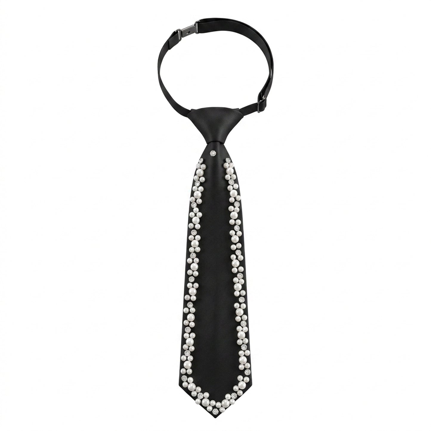 Larrel Pearl Tie for Women, Black Necktie with Pearls and Rhinestones, Adjustable Pre-Tied Silk Neck Tie, Elegant Ties for Formal Wear and Female Outfit