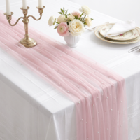 Pink Pearl Table Runner, 30x120 Inch Tulle Fabric Lace Table Runner, Boho Romantic Table-Runners with Pearls, Gauze Table-Runners for Bridal Shower, Birthday Party, Wedding, Dining and Baby Shower