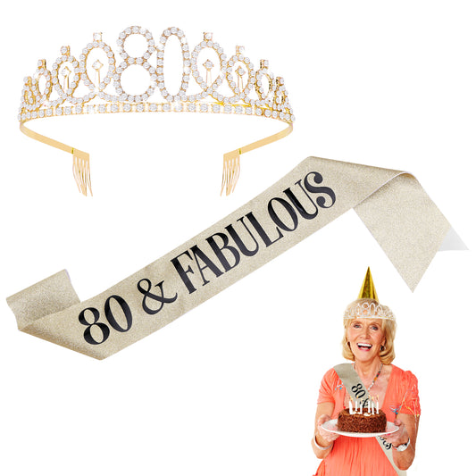 ASTER 80th Birthday Sash and Tiara Kit - Rose Gold 80& Fabulous Sash and Rhinestone Crown Birthday Gift for Women Happy 80th Party Decorations