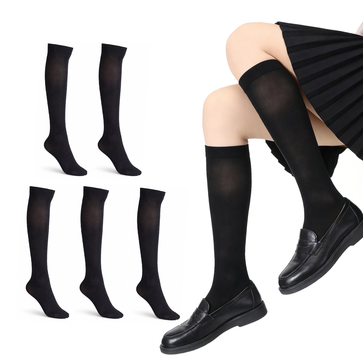 Axafazup 5 Pairs Black Knee High Socks for Women Girls Long Tall Stockings, School Uniform Athletic Casual Cosplay Socks