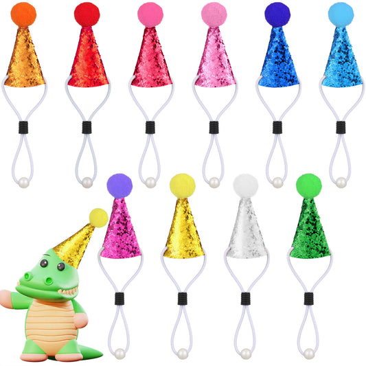10 Pcs Mini Party Hats for Stuffed Animals Toys, Tiny Cone Birthday Party Hat with Tinsel Pom Poms Colorful Glitter Cone Parties Hat for Birthday Parties Decor Accessories