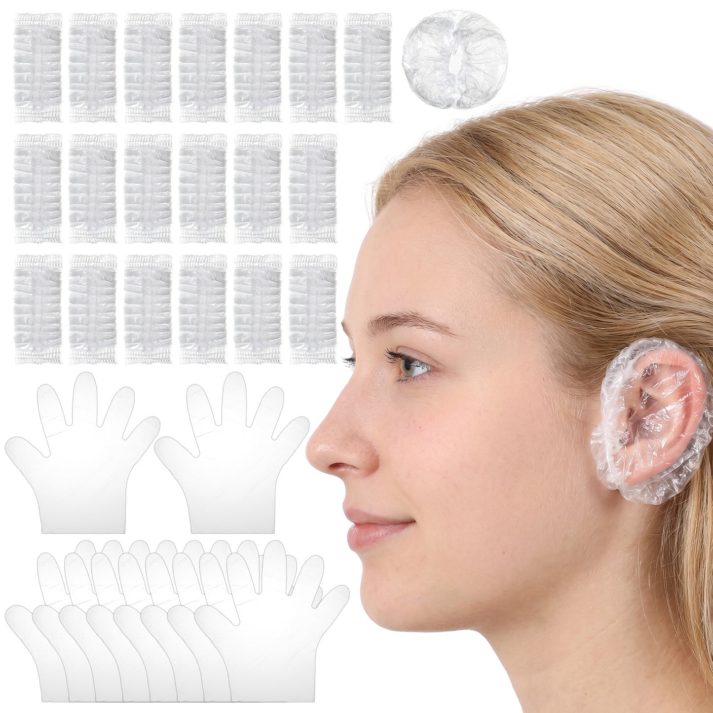 200 Pcs Disposable Ear Covers for Shower, 50 Pcs Hair Dye Gloves Waterproof Ear Covers for Hair Dye Clear Ears Caps with Soft Elastic Plastic Hairs Color Gloves Ears Shower Caps for Bathing Spa Salon