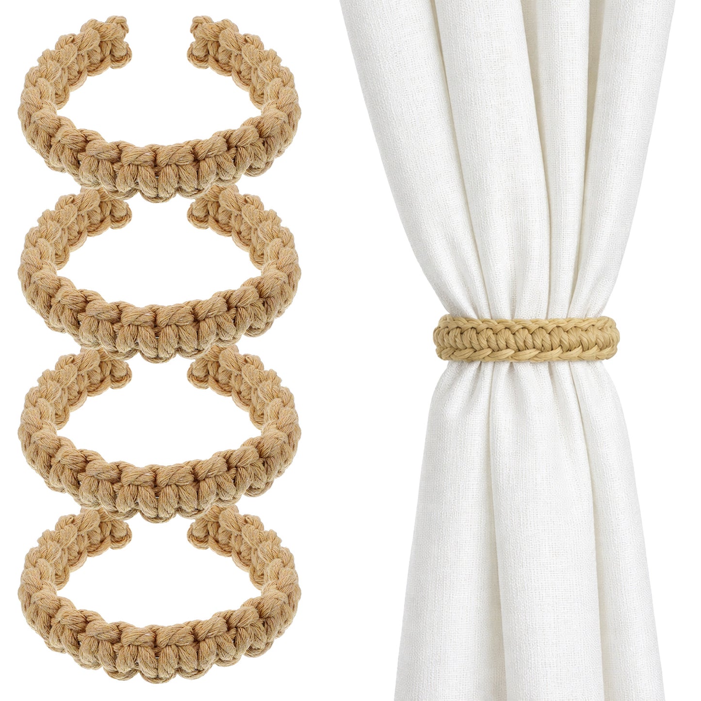 4PCS Braided Curtain Tiebacks, Boho Curtain Tiebacks, Elegant Rustic Curtains Tie Backs, Curtains Holdback for Bedroom, Living Room, Home and Offices (Linen)