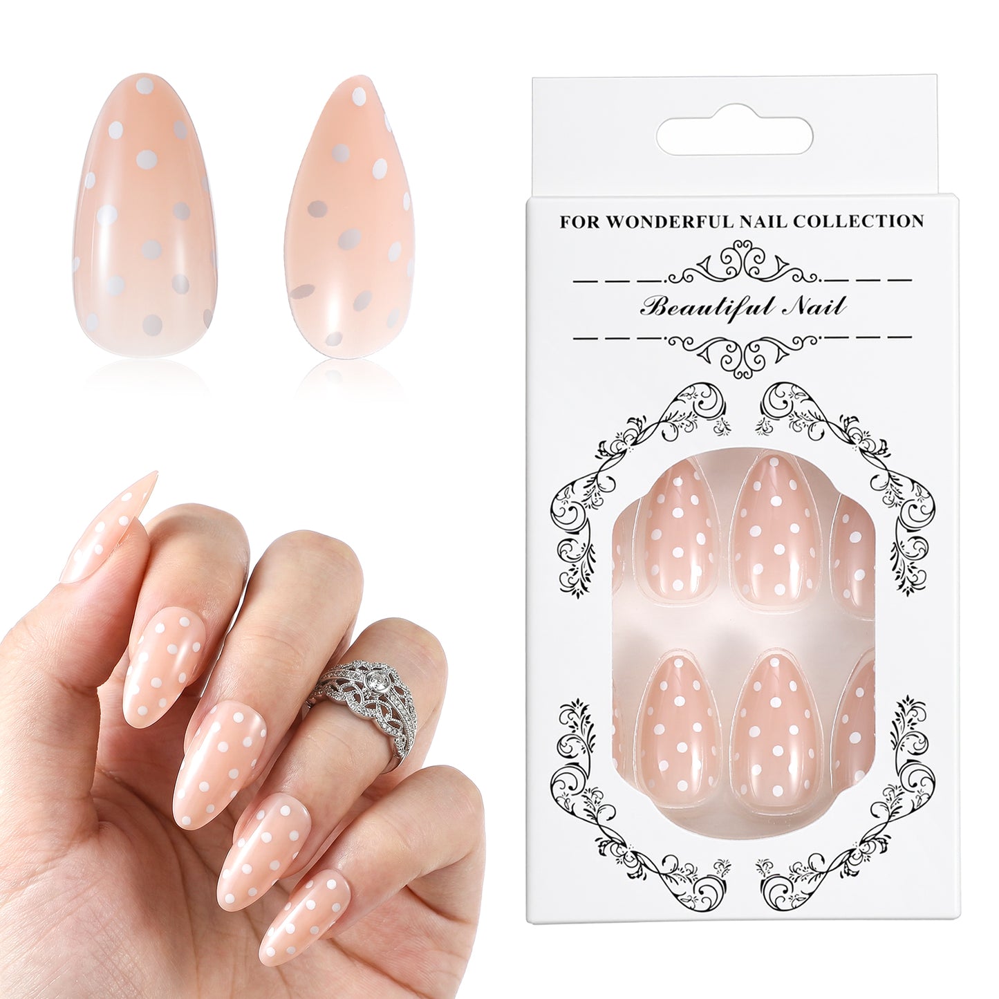 24Pcs Polka Dot Press on Nails Short Almond Fake Nails Cute False Nail with White Dots, Includes Nail File Sticky Tabs for Easy Application