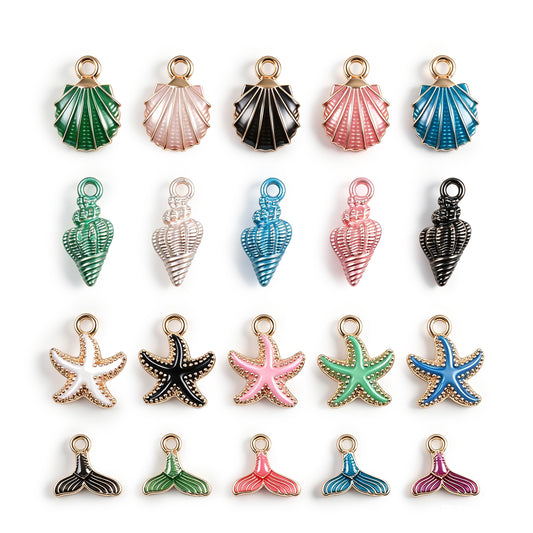 Axafazup 20 Pcs Mixed Starfish Shell Pendants, Summer Ocean Theme Enamel Beach Charms for DIY Jewelry Making, Nautical Sea Shell Conch Pendant for Necklace Bracelet Earring Crafting Accessories