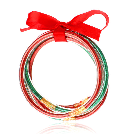 Thinp Glitter Jelly Bracelets,Christmas Bracelet Glitter Filled Jelly Silicone Bracelets Layered Bow Christmas Bracelets Jelly Bangles Bracelets Women Waterproof Red Green Bangles Set