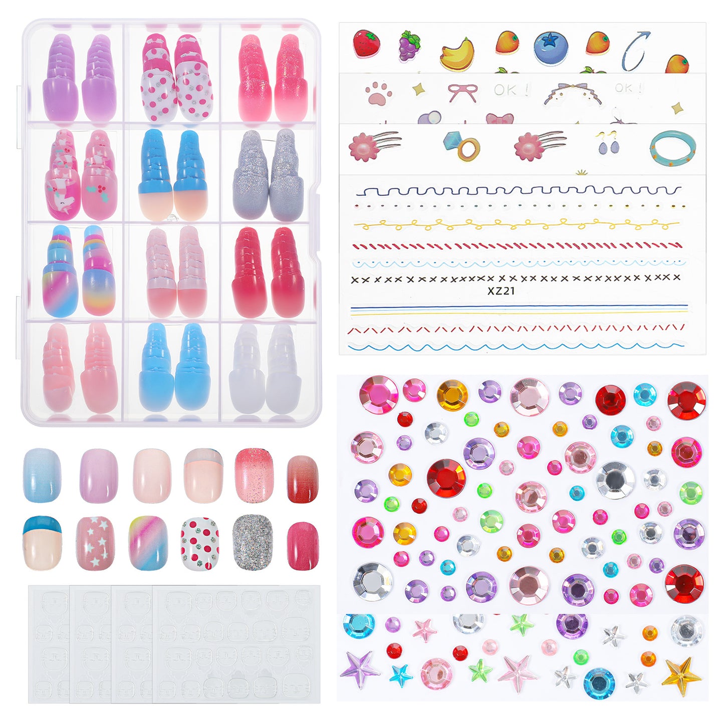12 Style Cute Press On Nails for Girls, Heart Flower Fake Nails with Stickers and Gems, 3D Rhinestone Face Gems Nail Art Kit for Girls Creative Play