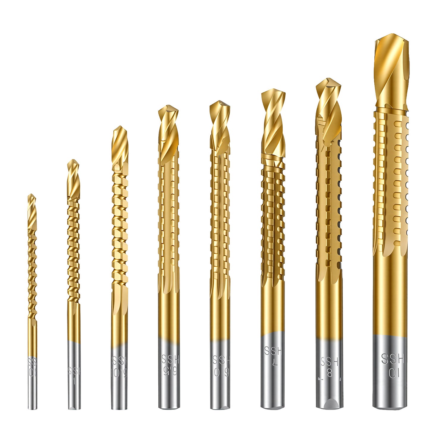 8 Pack Titanium Coated HSS Step Drill Bits, 3-10mm Hex Shank Serrated Side Cutting Bit Set, Precise Hole Enlarging & Grooving Tool for Wood Metal Plastic Aluminum