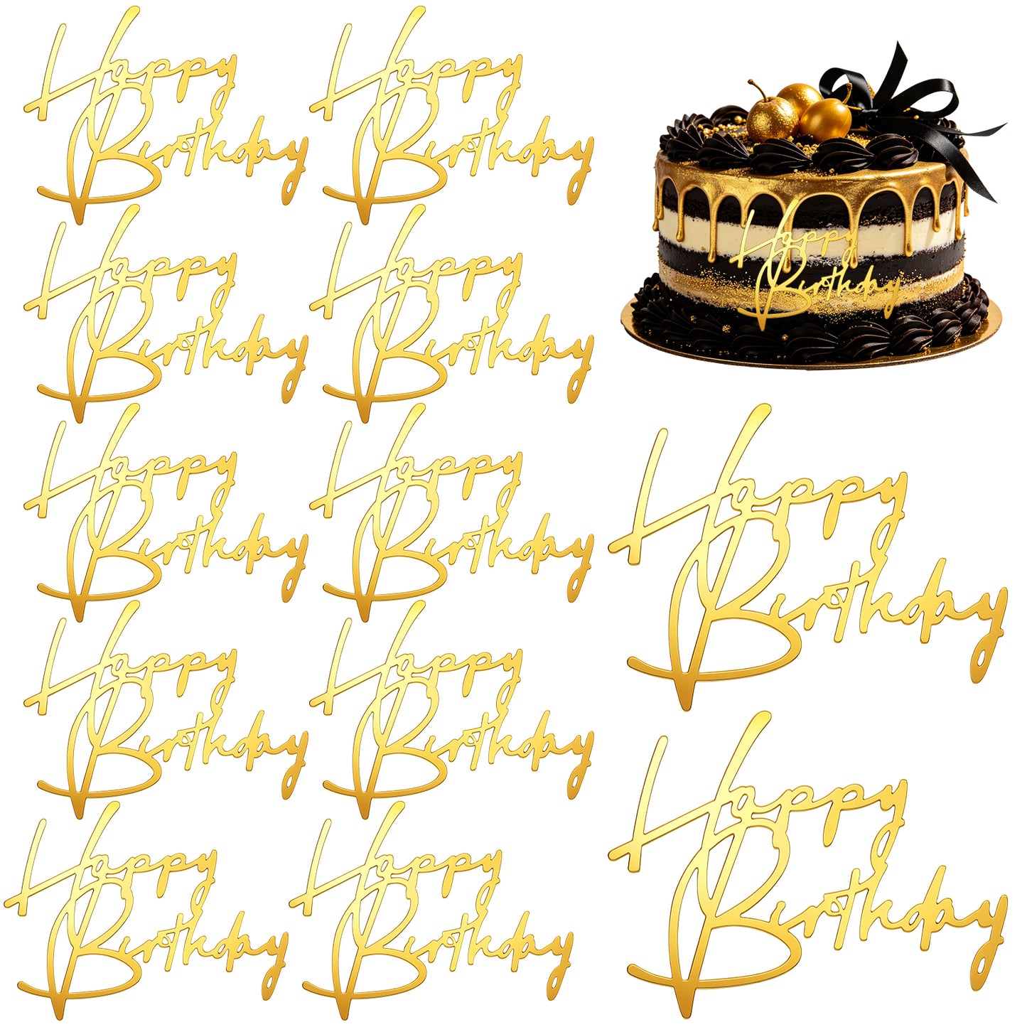 12Pcs Gold Happy Birthday Cake Toppers, Mirror Acrylic Side Inserts for Cupcakes & Birthdays Party Cake Decorations, Gold Acrylic Birthday Cakes Toppers Sign