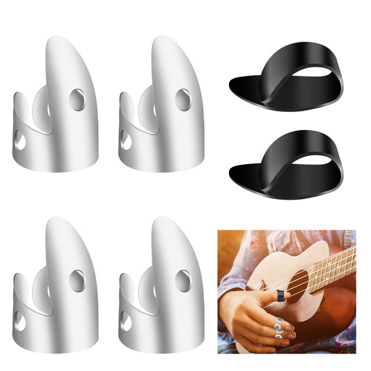 ASTER 6 Pieces Steel Guitar Finger Picks Set,Including Stainless Steel Finger Picks and Plastic Thumb Finger Plectrums, Adjustable Banjo Finger Pick Plectrum for Guitar, Bass,Ukulele