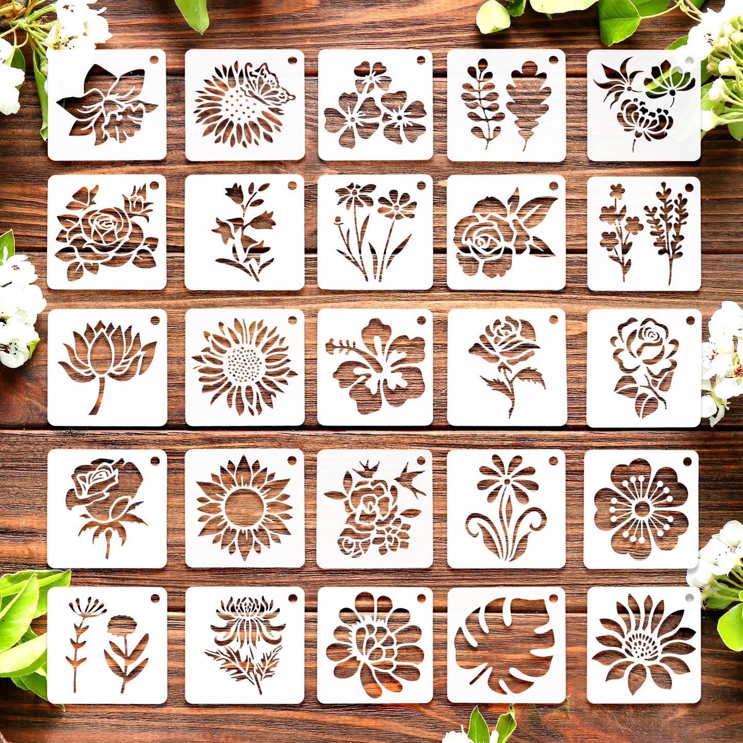 25Pcs 2.95 Inch Flower Stencils, Reusable Parent-Child Stencils, Wildflower Stencil Drawing Templates for Painting, Spraying and Decorating