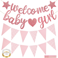 Welcome Baby Girl Banner, Pink Glitter Gender Reveal Party Decorations Baby Shower Sign Includes Banners Pennant Garland for Newborn Birthday Homecoming Theme Party