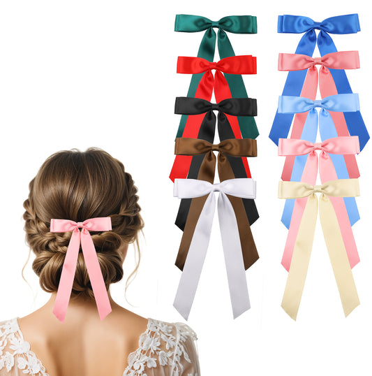 YQQYG 10 PCS Hair Ribbon Bow Hair Clips with Long Tails Vintage Hair Accessories, Silky Satin Big Bow Hair Clips Hair Bows for Women Girls Toddlers Teens Kids