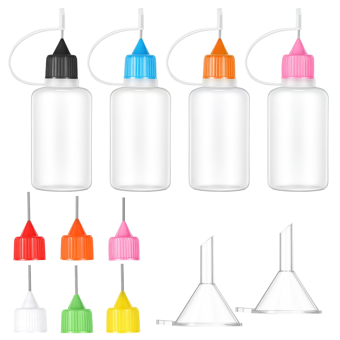 Tweruna 4 Pack Precision Tip Applicator Bottle, 30ml/1 Oz Glue Bottles with Fine Tips, Needle Tip Squeeze Bottles with 2 PCS Mini Funnels for for Glue, Oil, Ink, Acrylic Painting, DIY Crafts