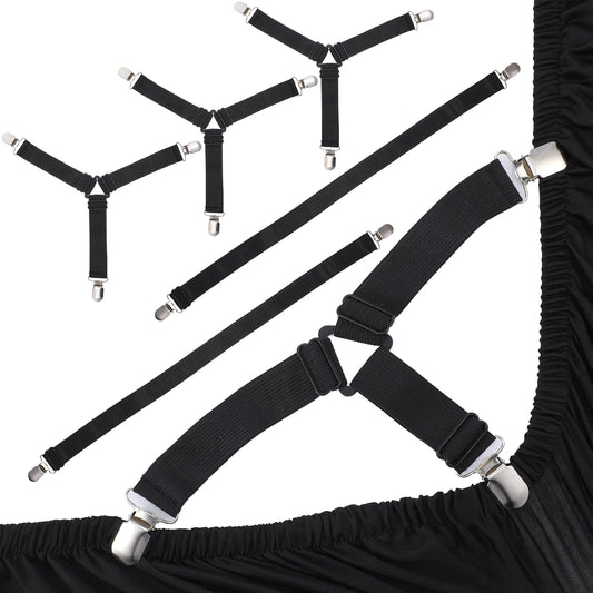 LLOUSSAK 6pcs Adjustable Bed Sheet Straps, Elastic Bed Sheets Holder, Fitted Sheet Straps with Heavy-Duty Clips, Bed Scrunchie for Wrinkle-Free Bedding, Keep Sheets in Place, Black