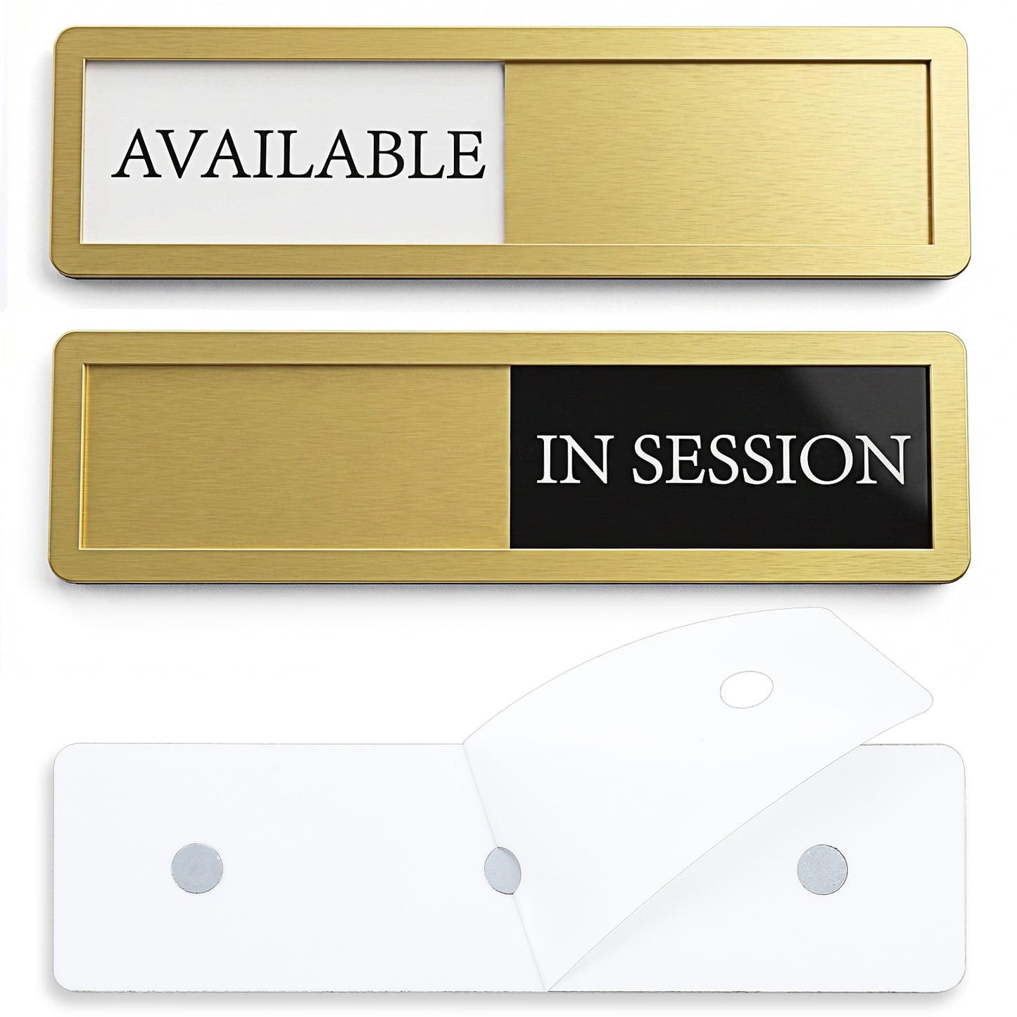 In Session Sign for Door, Magnetic Office Door Sign, Privacy Slider Signs for Therapists, Massage, Conference Room, Hospital, School, Home Office, Do Not Disturb, Brushed Gold