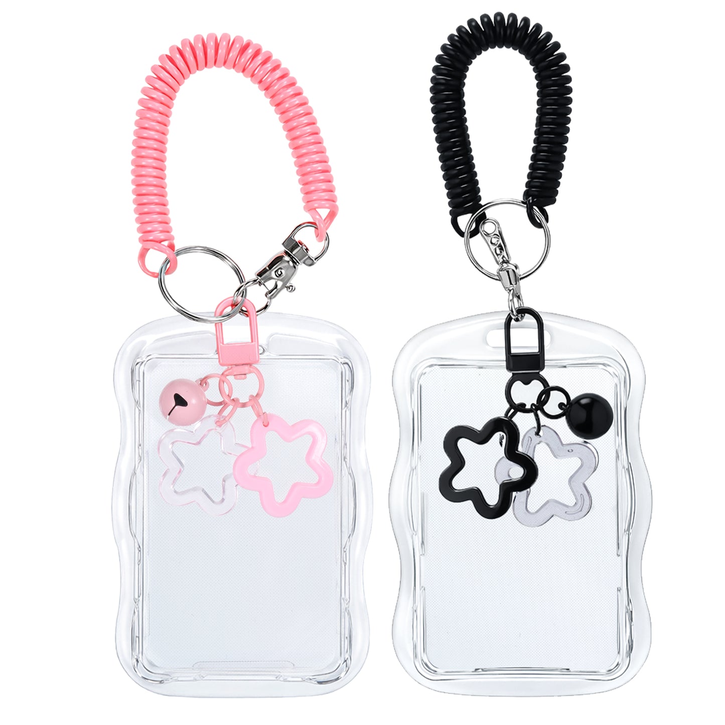 Azefnuhk 2Pcs Photo Card Holder Keychain, Cute Photocard Holder, Transparent Star Wave Photocard Keychain for Protecting Photocards, Bus Passes and Student IDs (Black, Pink, 5.5x8.7cm/2.17x3.43in)