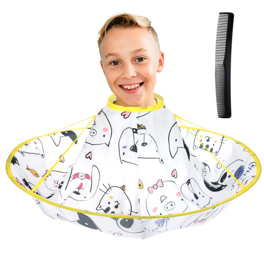 Toddler Haircut Cape, Waterproof Foldable Hair Cutting Cape Umbrella Kit, Cute Adjustable Barber Clipper Cape with Comb, Deep Groove Baby Hair Cut Apron Hairdressing Catcher for Home Salon