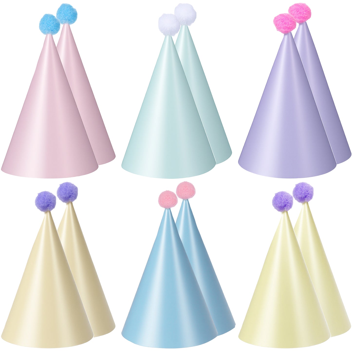 Aeaocvo 12 PCS Birthday Party Hats, Colorful Cone Hat, Pastel Hats with Pom Poms Paper Hat for Adults Kids(6 Colors A x 2)