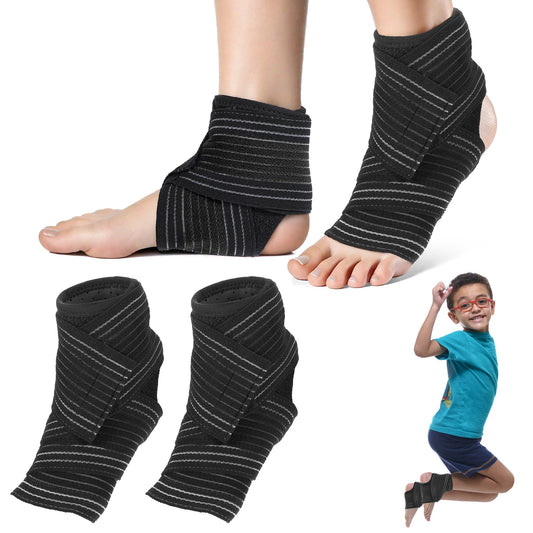 1 Pair Ankle Support Brace for Kids and 1 Pair Elastic Ankle Compression Sleeve,Adjustable Ankles Wraps Supports for Foot Pain,Breathable Neoprene Ankles Support Brace for Sports Youth(Black)