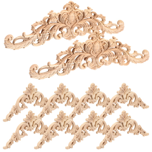 10 Pcs Wood Appliques and Onlays for Furniture, Decorative Carved Wooden Appliques DIY Onlay for Bed Door Cabinet Wardrobe Small and Large Sizes