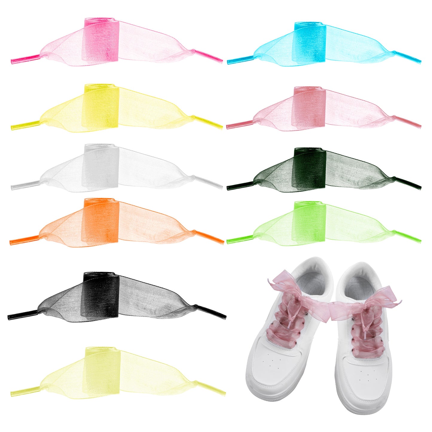 Axafazup 10 Pairs Soft Silk Satin Shoelaces, Snow Yarn Fashion Ribbon Shoestrings, Organza Shoe Laces, 47" Length, Colorful Wide Shoe Ties, Suitable for Women's Sneakers (10 Colors)