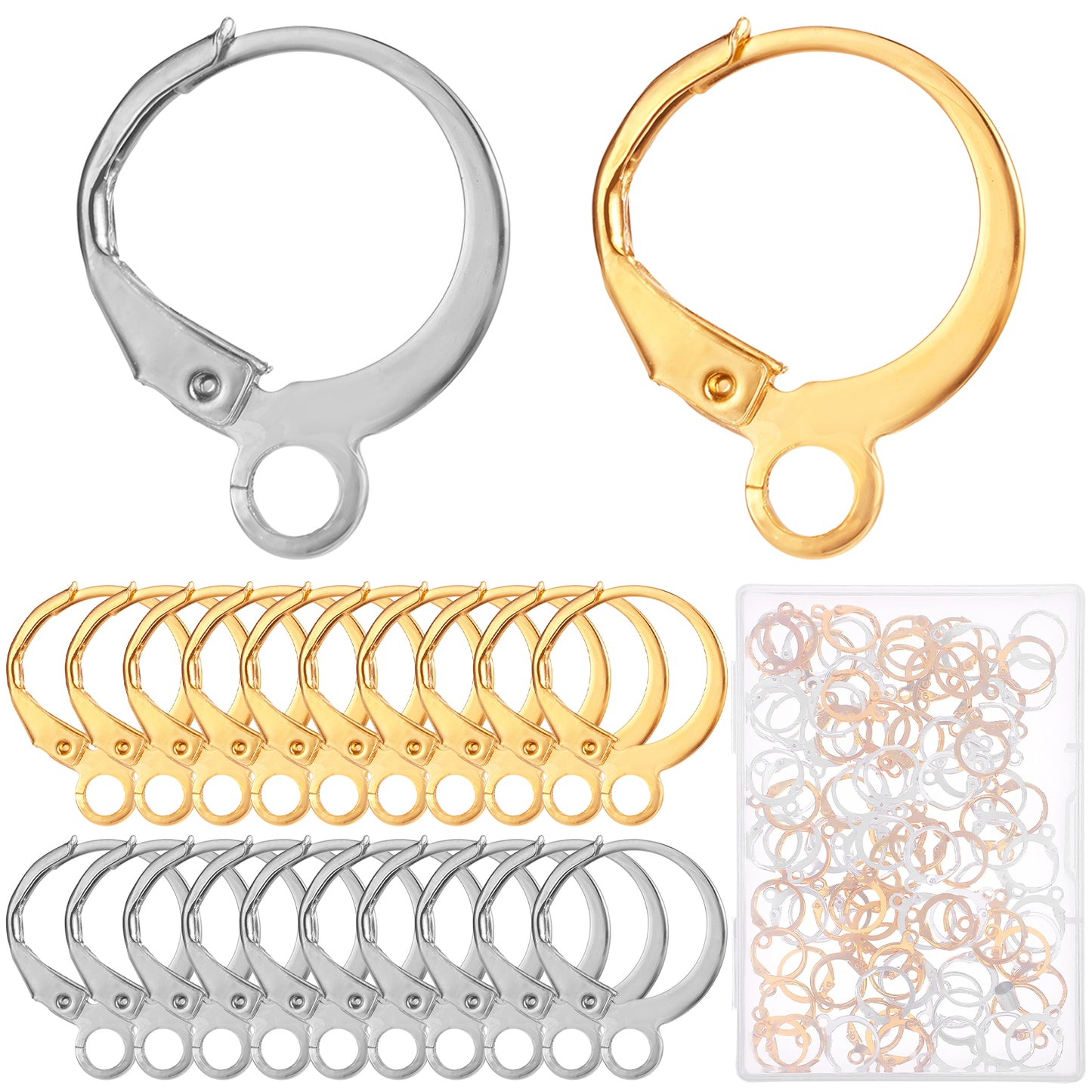 1 Box 100Pcs 50 Pairs Leverback Earring Hooks, French Earring Hooks 18K Gold Plated Stainless Steel Round Dangle Earwires with Open Loop Ear Wire Clip Connector for Jewelry Making Earrings Findings