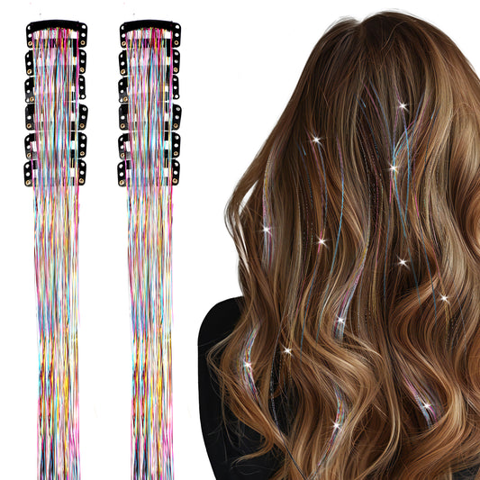 Upgraded Hair Tinsel 12Pcs Colorful Glitter Hairs Extensions 19.6 Inch Party Dazzle Hair Accessories - Rainbow