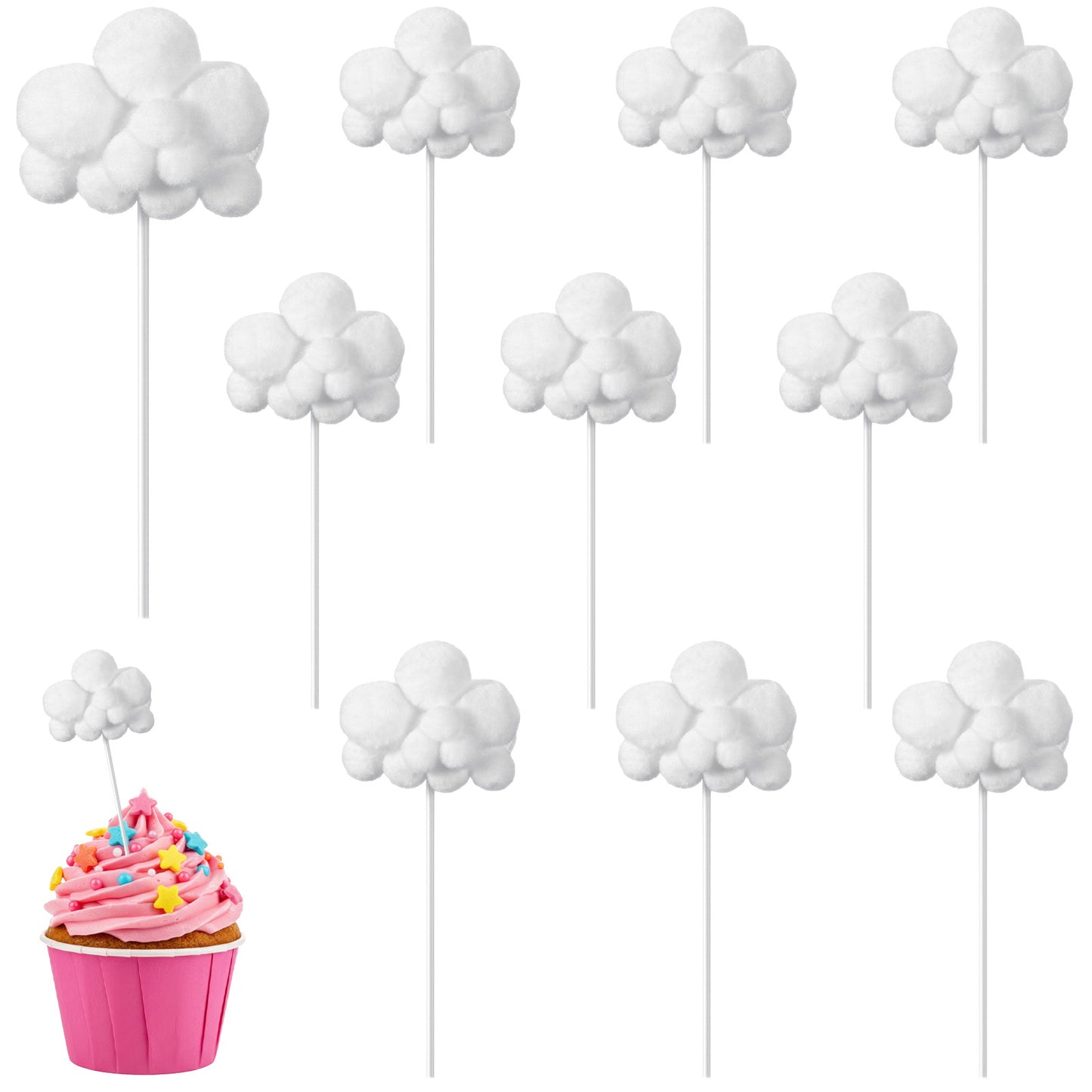 10 PCS Cloud Cupcake Toppers, Cloud Cake Decorations for Boy and Girl Birthday Party Decoration, Cake Decorations for Showers and Party Supplies (White)