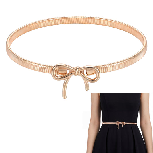 Axafazup Gold Belts for Women, Adjustable Elastic Waist Belt Stretchy Metal Skinny Gold Chain Belt with Bow Buckle for Dresses Jeans Shirt Formal Wear
