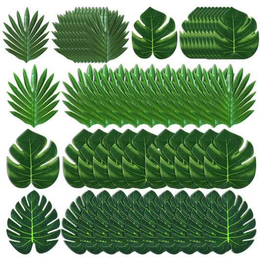 Axafazup 50Pcs Artificial Tropical Palm Leaves, 5 Size Fake Monstera Leaves With Stems For Jungle Safari Hawaiian Luau Party Decorations, Wedding Birthday Theme Table Wall Decor